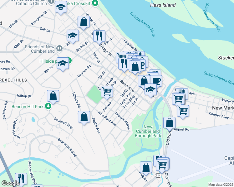 map of restaurants, bars, coffee shops, grocery stores, and more near 601 3rd Street in New Cumberland