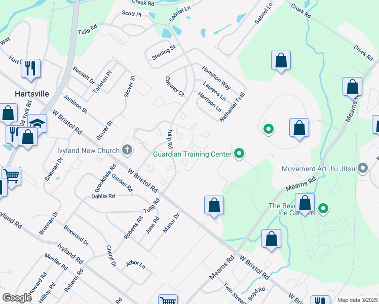 map of restaurants, bars, coffee shops, grocery stores, and more near 101 Oaktree Court in Warwick