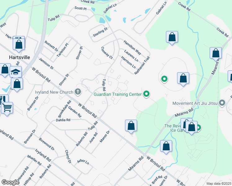 map of restaurants, bars, coffee shops, grocery stores, and more near 101 Oaktree Court in Warwick