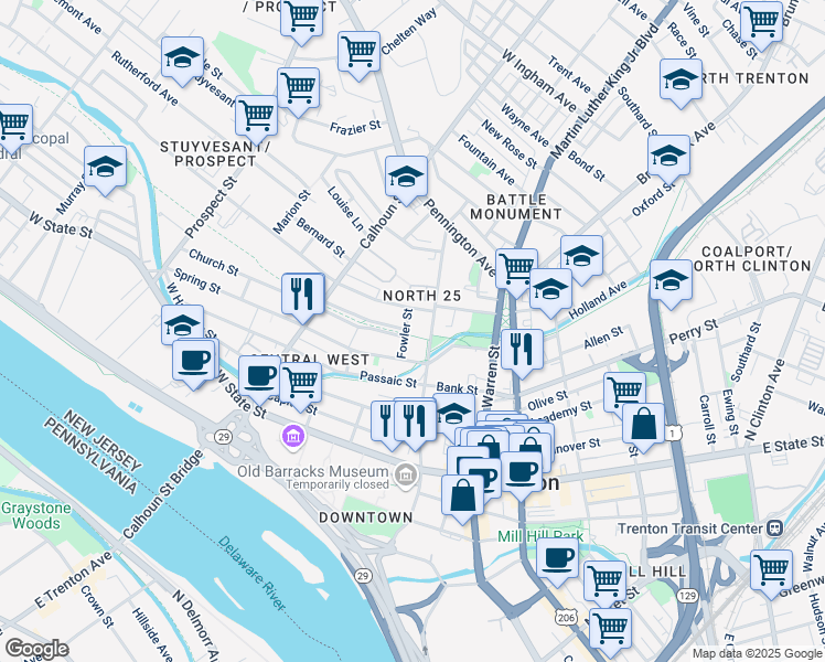 map of restaurants, bars, coffee shops, grocery stores, and more near 34 Spring Street in Trenton