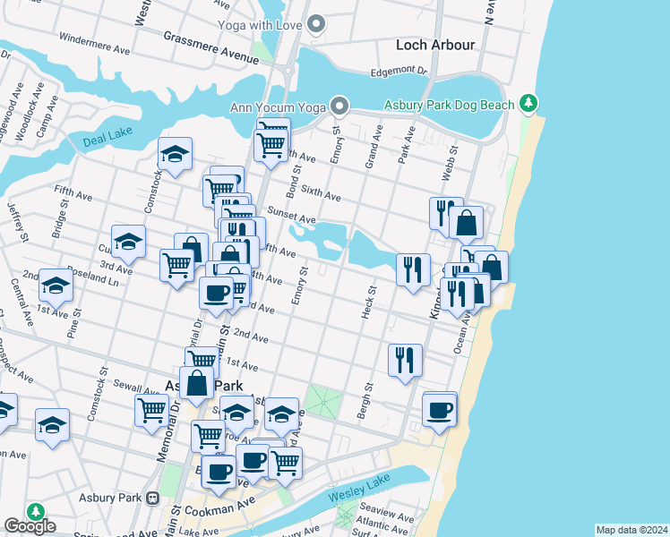 map of restaurants, bars, coffee shops, grocery stores, and more near 1200 Grand Avenue in Asbury Park