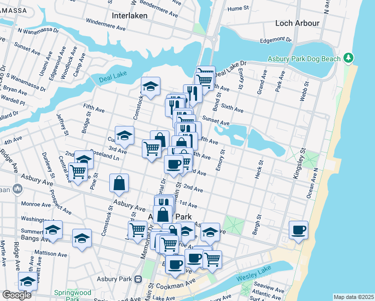 map of restaurants, bars, coffee shops, grocery stores, and more near 1114 Main Street in Asbury Park