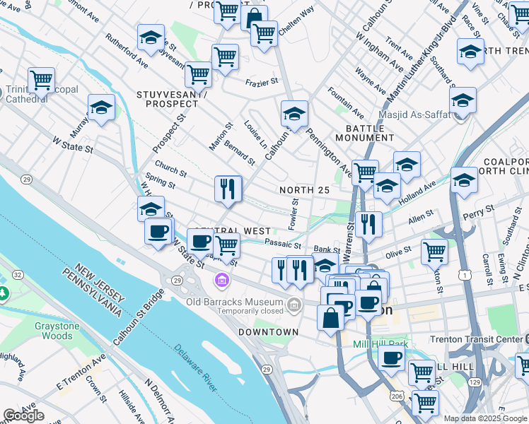 map of restaurants, bars, coffee shops, grocery stores, and more near 77 Spring Street in Trenton