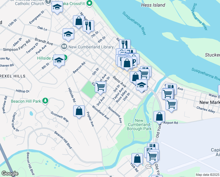 map of restaurants, bars, coffee shops, grocery stores, and more near 601 3rd Street in New Cumberland