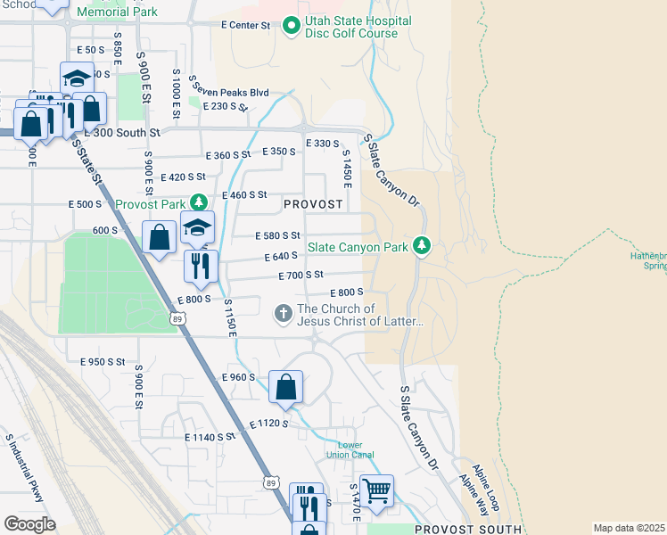 map of restaurants, bars, coffee shops, grocery stores, and more near 1417 East 700 South Street in Provo