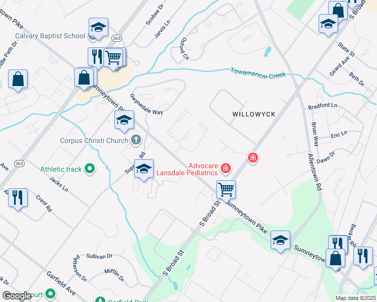 map of restaurants, bars, coffee shops, grocery stores, and more near 336 Marlbrook Lane in Lansdale