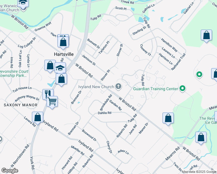 map of restaurants, bars, coffee shops, grocery stores, and more near 875 West Bristol Road in Warminster