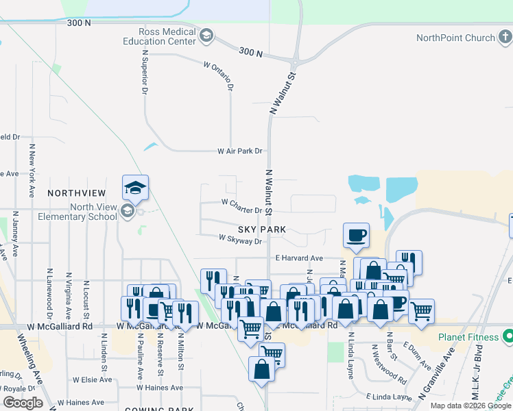 map of restaurants, bars, coffee shops, grocery stores, and more near 3815 North Cadet Avenue in Muncie
