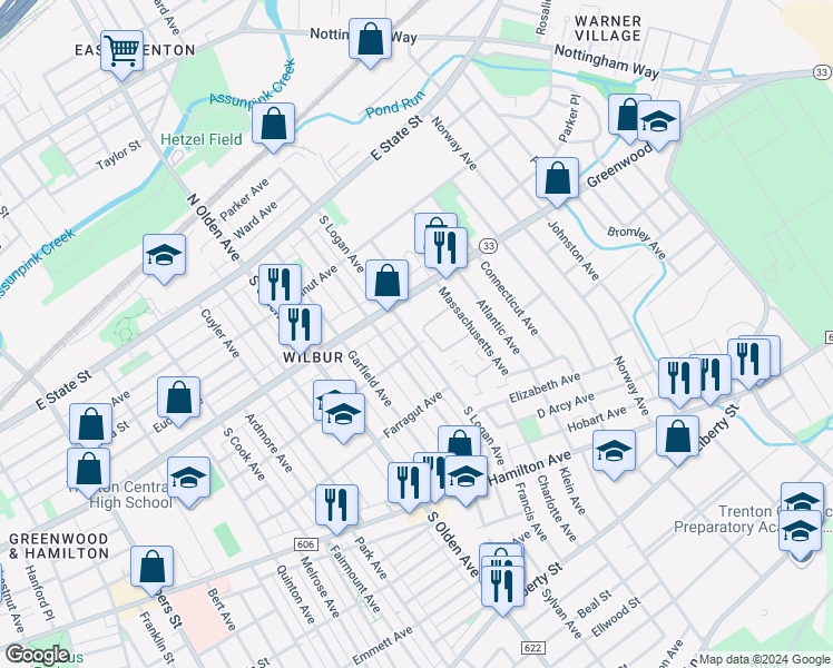 map of restaurants, bars, coffee shops, grocery stores, and more near 258 South Logan Avenue in Trenton