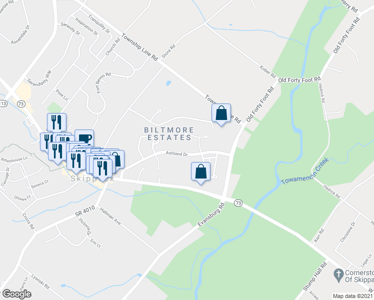 map of restaurants, bars, coffee shops, grocery stores, and more near 3935 Ashland Drive in Harleysville