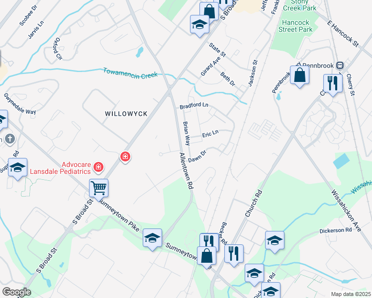 map of restaurants, bars, coffee shops, grocery stores, and more near 760 Brian Way in Lansdale