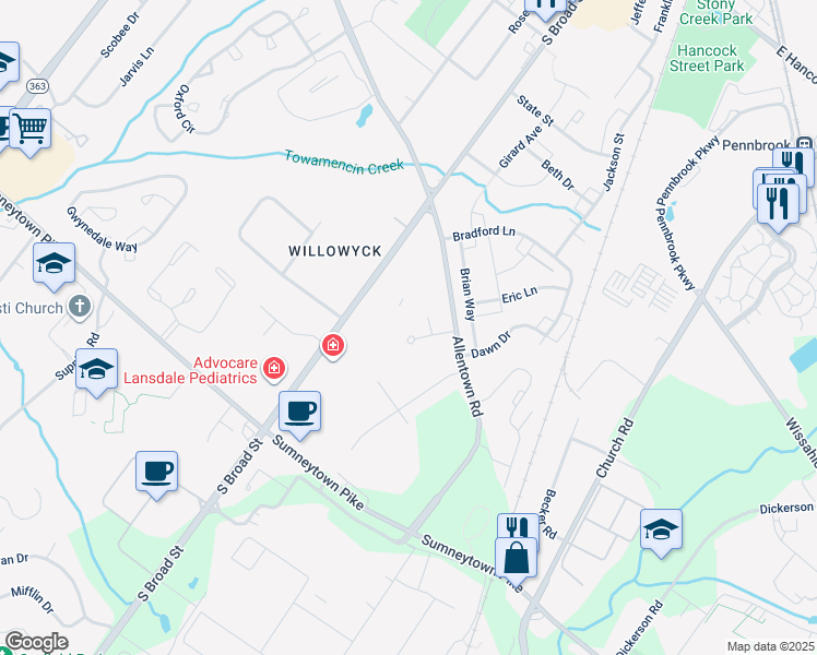 map of restaurants, bars, coffee shops, grocery stores, and more near 1120 Kingsley Hall Drive in Lansdale