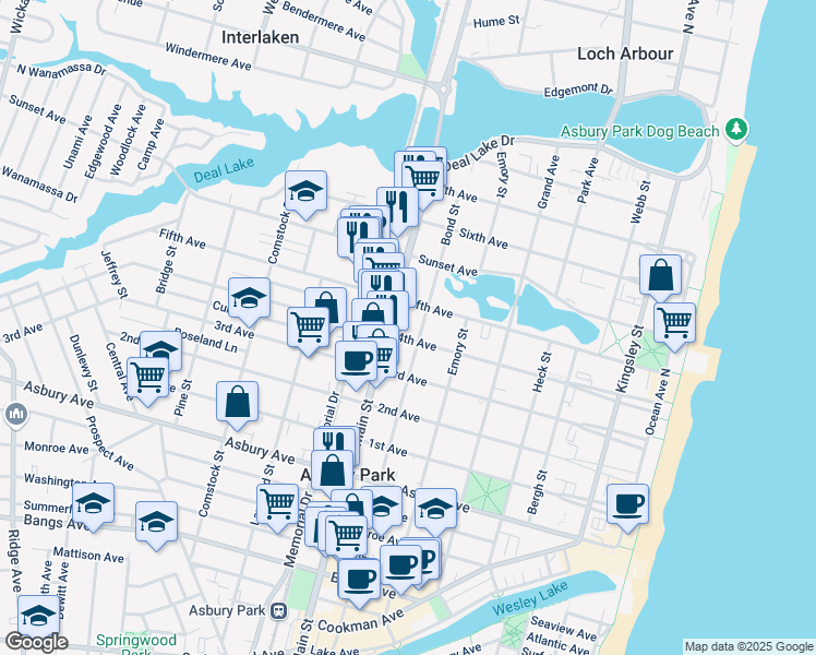 map of restaurants, bars, coffee shops, grocery stores, and more near 1217 Main Street in Asbury Park
