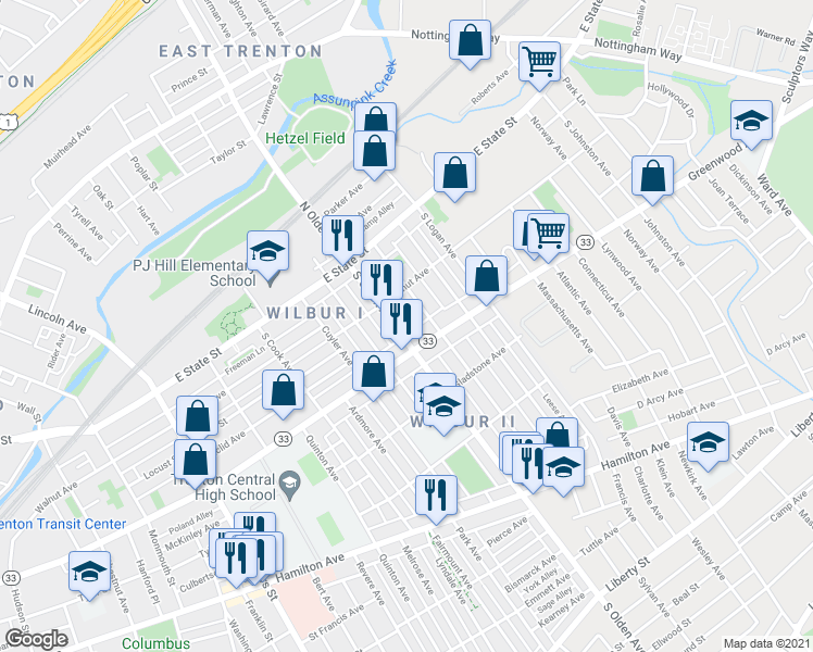 map of restaurants, bars, coffee shops, grocery stores, and more near 115 Garfield Avenue in Trenton