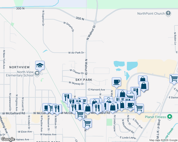 map of restaurants, bars, coffee shops, grocery stores, and more near 3980 North Walnut Street in Muncie