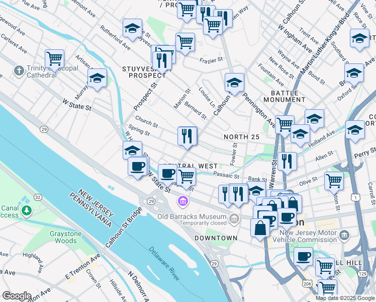 map of restaurants, bars, coffee shops, grocery stores, and more near Calhoun Street & Spring Street in Trenton