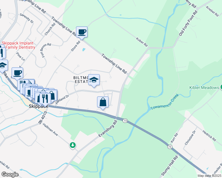 map of restaurants, bars, coffee shops, grocery stores, and more near 3930 Ashland Drive in Harleysville
