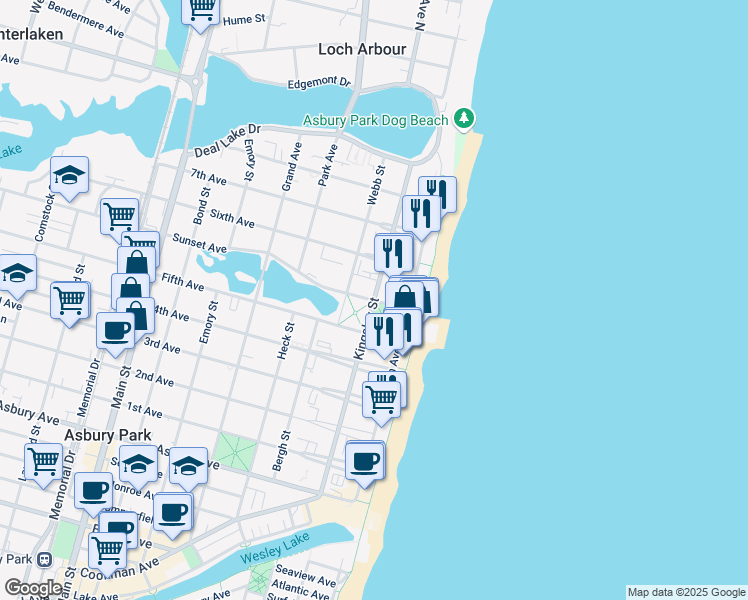 map of restaurants, bars, coffee shops, grocery stores, and more near 1400 Webb Street in Asbury Park