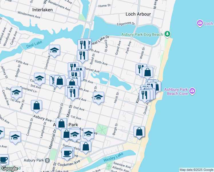 map of restaurants, bars, coffee shops, grocery stores, and more near 1211 Grand Avenue in Asbury Park