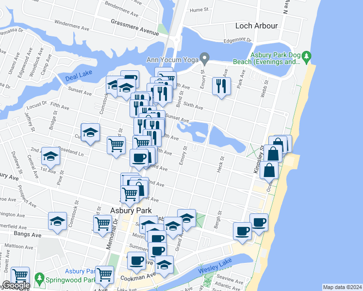 map of restaurants, bars, coffee shops, grocery stores, and more near 600 5th Avenue in Asbury Park