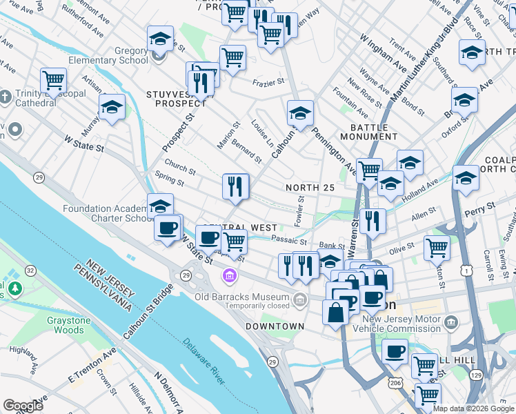 map of restaurants, bars, coffee shops, grocery stores, and more near in Trenton