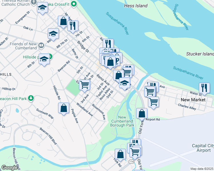 map of restaurants, bars, coffee shops, grocery stores, and more near 324 3rd Street in New Cumberland
