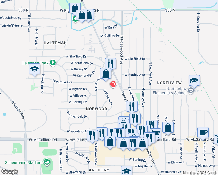 map of restaurants, bars, coffee shops, grocery stores, and more near 4009 North Wheeling Avenue in Muncie