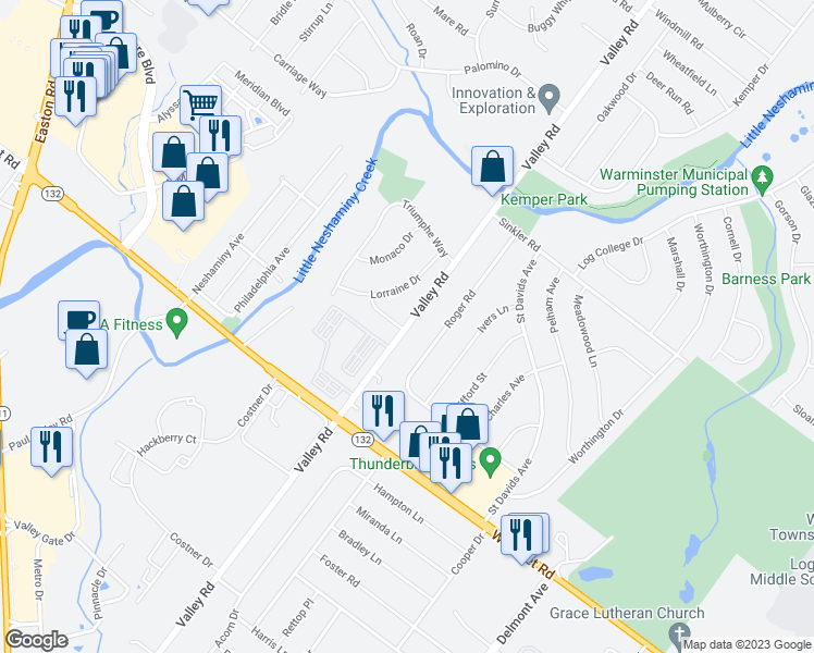 map of restaurants, bars, coffee shops, grocery stores, and more near 605 Valley Road in Warrington