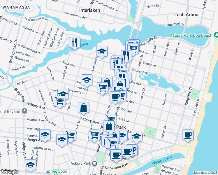 map of restaurants, bars, coffee shops, grocery stores, and more near 921 4th Avenue in Asbury Park