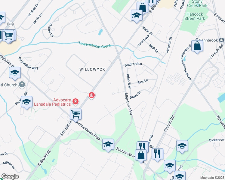 map of restaurants, bars, coffee shops, grocery stores, and more near 1120 Kingsley Hall Drive in Lansdale