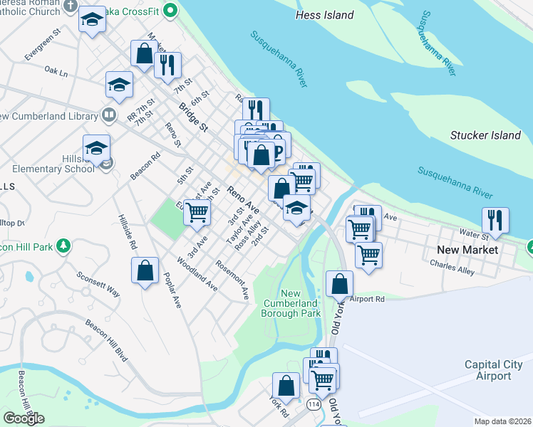 map of restaurants, bars, coffee shops, grocery stores, and more near 324 3rd Street in New Cumberland