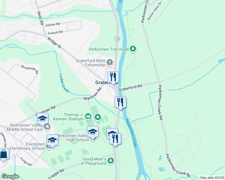 map of restaurants, bars, coffee shops, grocery stores, and more near 1055 Gravel Pike in Collegeville