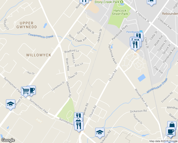 map of restaurants, bars, coffee shops, grocery stores, and more near 333 Bradford Lane in Lansdale