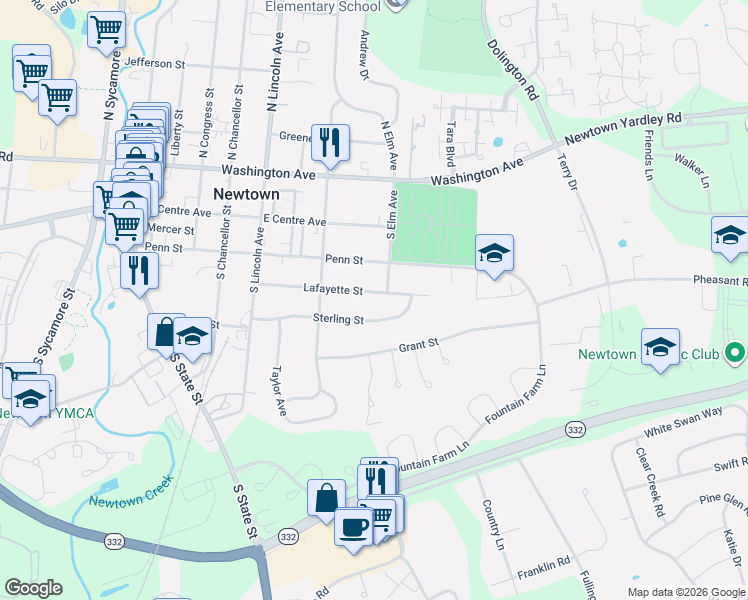 map of restaurants, bars, coffee shops, grocery stores, and more near 206 South Elm Avenue in Newtown