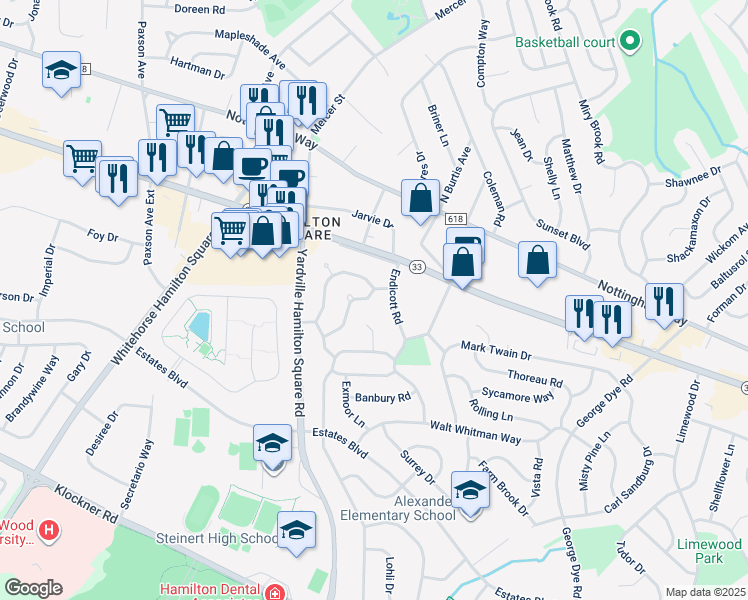 map of restaurants, bars, coffee shops, grocery stores, and more near 7 Downing Road in Trenton