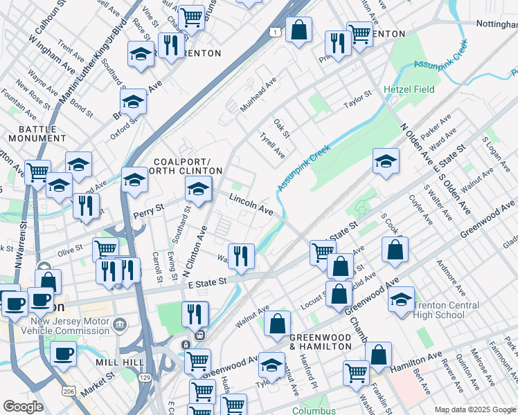 map of restaurants, bars, coffee shops, grocery stores, and more near 125 Lincoln Avenue in Trenton