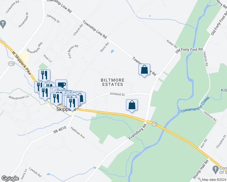 map of restaurants, bars, coffee shops, grocery stores, and more near 3920 Ashland Drive in Harleysville