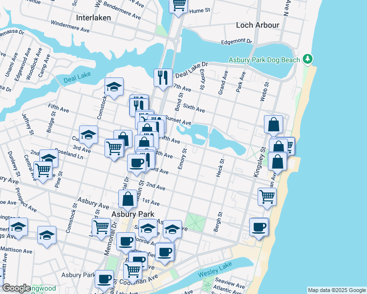 map of restaurants, bars, coffee shops, grocery stores, and more near 600 5th Avenue in Asbury Park
