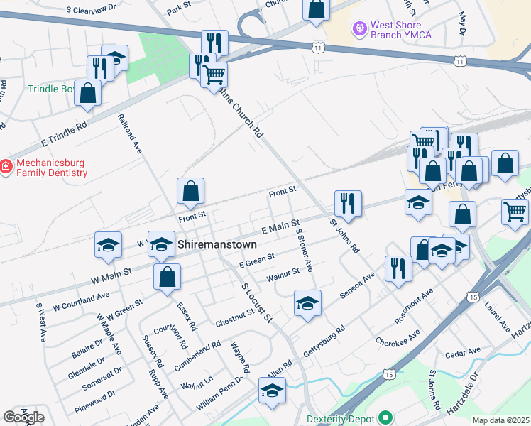 map of restaurants, bars, coffee shops, grocery stores, and more near 12 North High Street in Shiremanstown