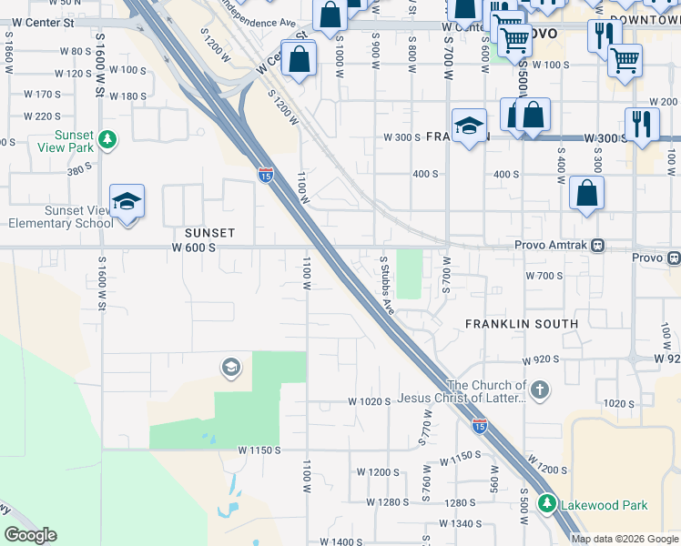 map of restaurants, bars, coffee shops, grocery stores, and more near Veterans Memorial Highway in Provo
