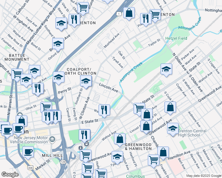 map of restaurants, bars, coffee shops, grocery stores, and more near 125 Lincoln Avenue in Trenton