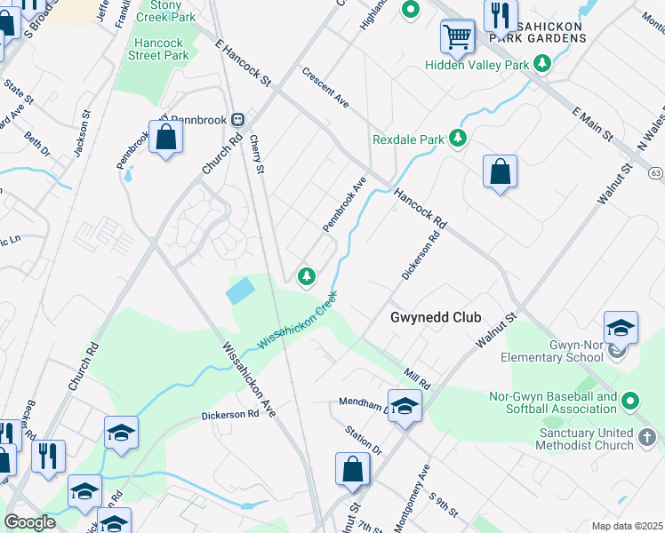 map of restaurants, bars, coffee shops, grocery stores, and more near 721 Willow Street in Lansdale