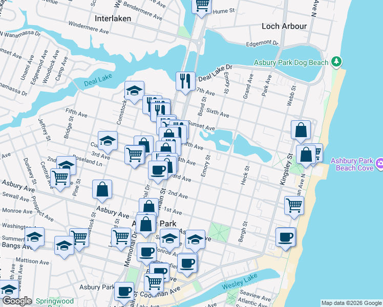 map of restaurants, bars, coffee shops, grocery stores, and more near 700 5th Avenue in Asbury Park