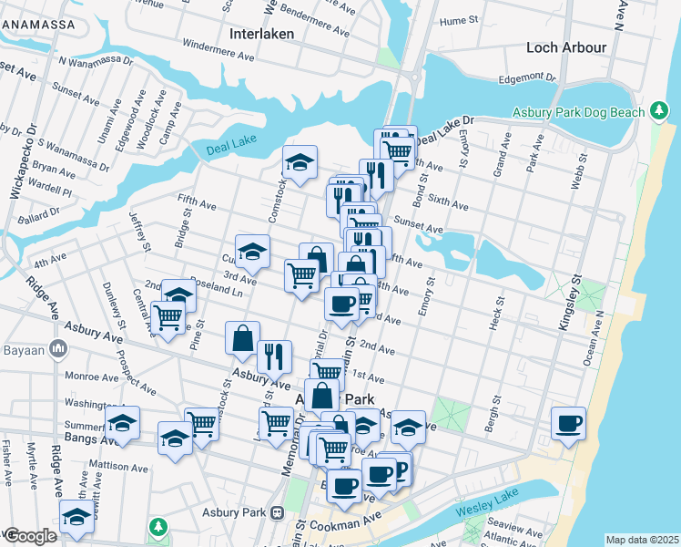 map of restaurants, bars, coffee shops, grocery stores, and more near 1200 Memorial Dr in Asbury Park