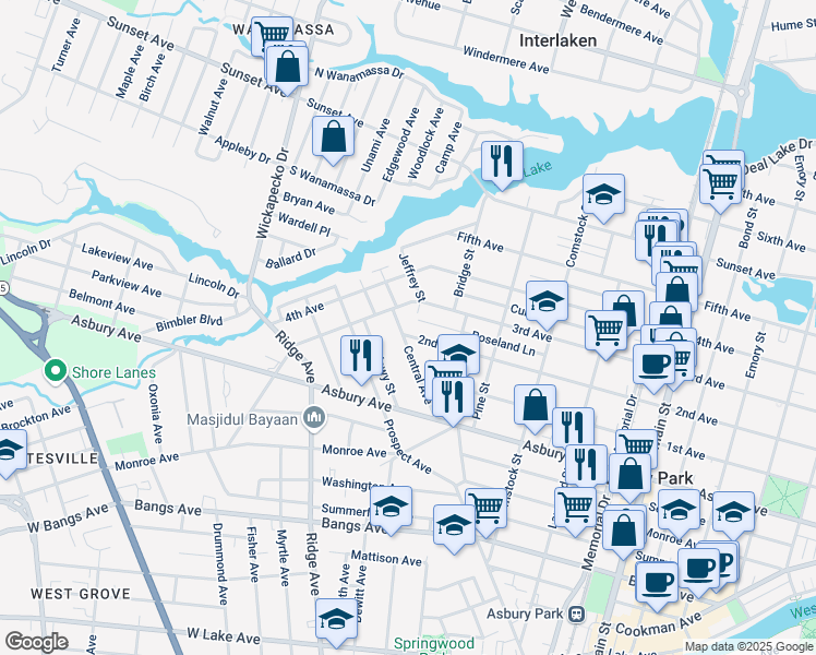 map of restaurants, bars, coffee shops, grocery stores, and more near 1316 3rd Avenue in Asbury Park