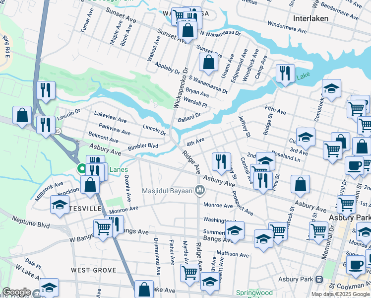 map of restaurants, bars, coffee shops, grocery stores, and more near 1712 4th Avenue in Asbury Park