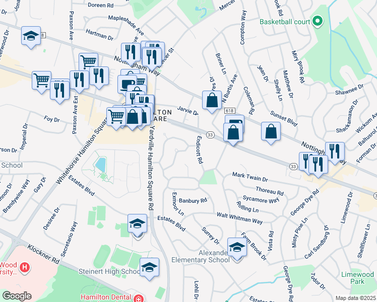 map of restaurants, bars, coffee shops, grocery stores, and more near 7 Downing Road in Trenton