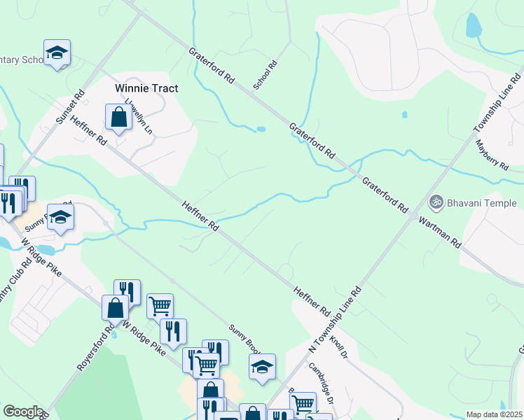map of restaurants, bars, coffee shops, grocery stores, and more near 107 Landis Creek Lane in Royersford