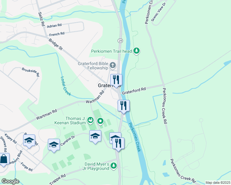 map of restaurants, bars, coffee shops, grocery stores, and more near 25 Bridge Street in Collegeville