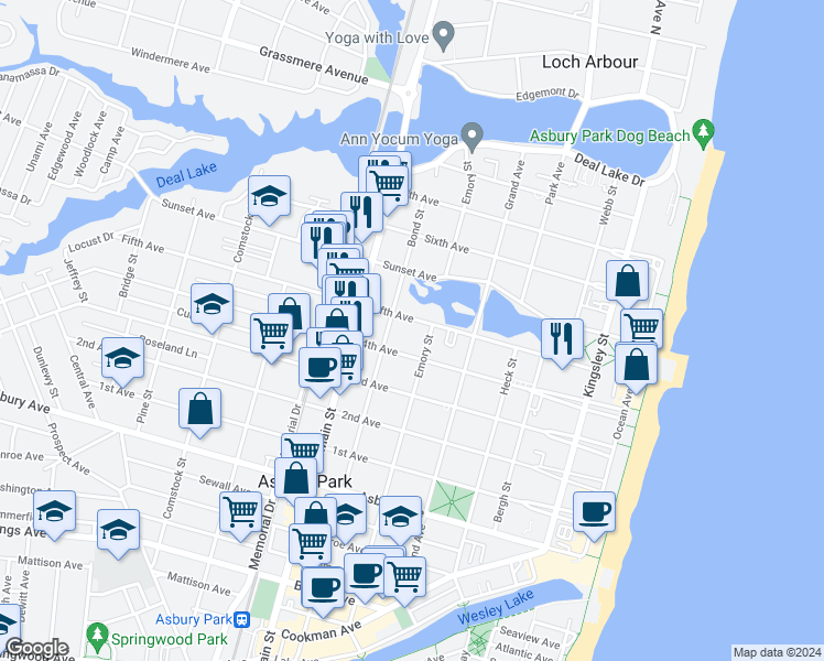 map of restaurants, bars, coffee shops, grocery stores, and more near 700 5th Avenue in Asbury Park